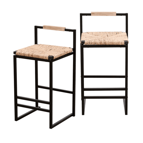 Counter Height Water Hyacinth Woven Dining Chairs, Bar Stools with Back, Metal Legs, Dining Chairs, Kitchen Breakfast Bar Stools with Footrest for Kitchen Dining room Bistro(Natural,Set of 2)