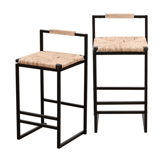 Counter Height Water Hyacinth Woven Dining Chairs, Bar Stools with Back, Metal Legs, Dining Chairs, Kitchen Breakfast Bar Stools with Footrest for Kitchen Dining room Bistro(Natural,Set of 2)