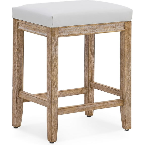 Counter Height White Bar Stool for Kitchen Counter Modern Backless Barstool with Upholstered Faux Leather Seat and Solid Wood Leg Farmhouse 24 inch Bar Chair, White + Wood Color, 1pc
