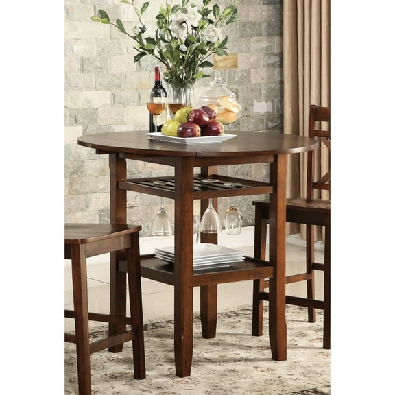Counter Height Wooden Table With Cherry Finish, 2 Drop Leaves Enlarging Top, Square-tapered Legs And Stemware Rack Storage Feature Finish Round Legs, Extension Compartment