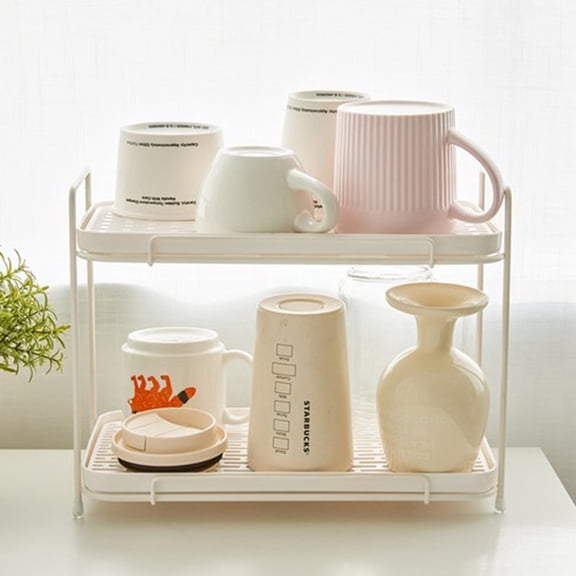 Counter Organizer, 2-Tier Cup Drying Rack with Drain Tray for Kitchen, Bathroom (White)