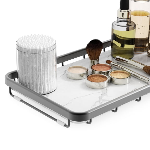 Counter Organizer for Bathroom, Kitchen or Coffee Bar, Metal Shelf with Faux Marble, Vanity Countertop Makeup Storage, Dresser Perfume Display Rack, Toilet Tank Tray