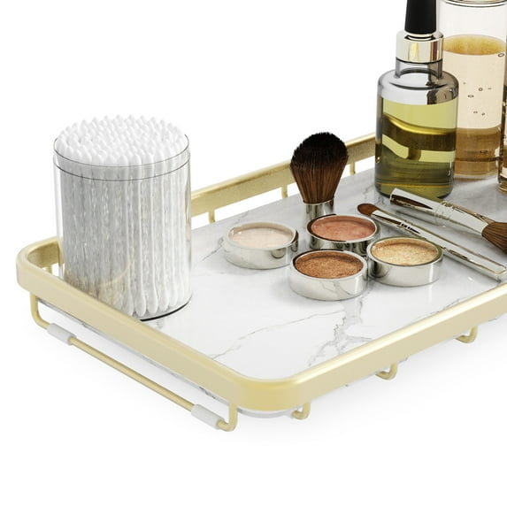 Counter Organizer for Bathroom, Kitchen or Coffee Bar, Metal Shelf with Faux Marble, Vanity Countertop Makeup Storage, Dresser Perfume Display Rack, Toilet Tank Tray