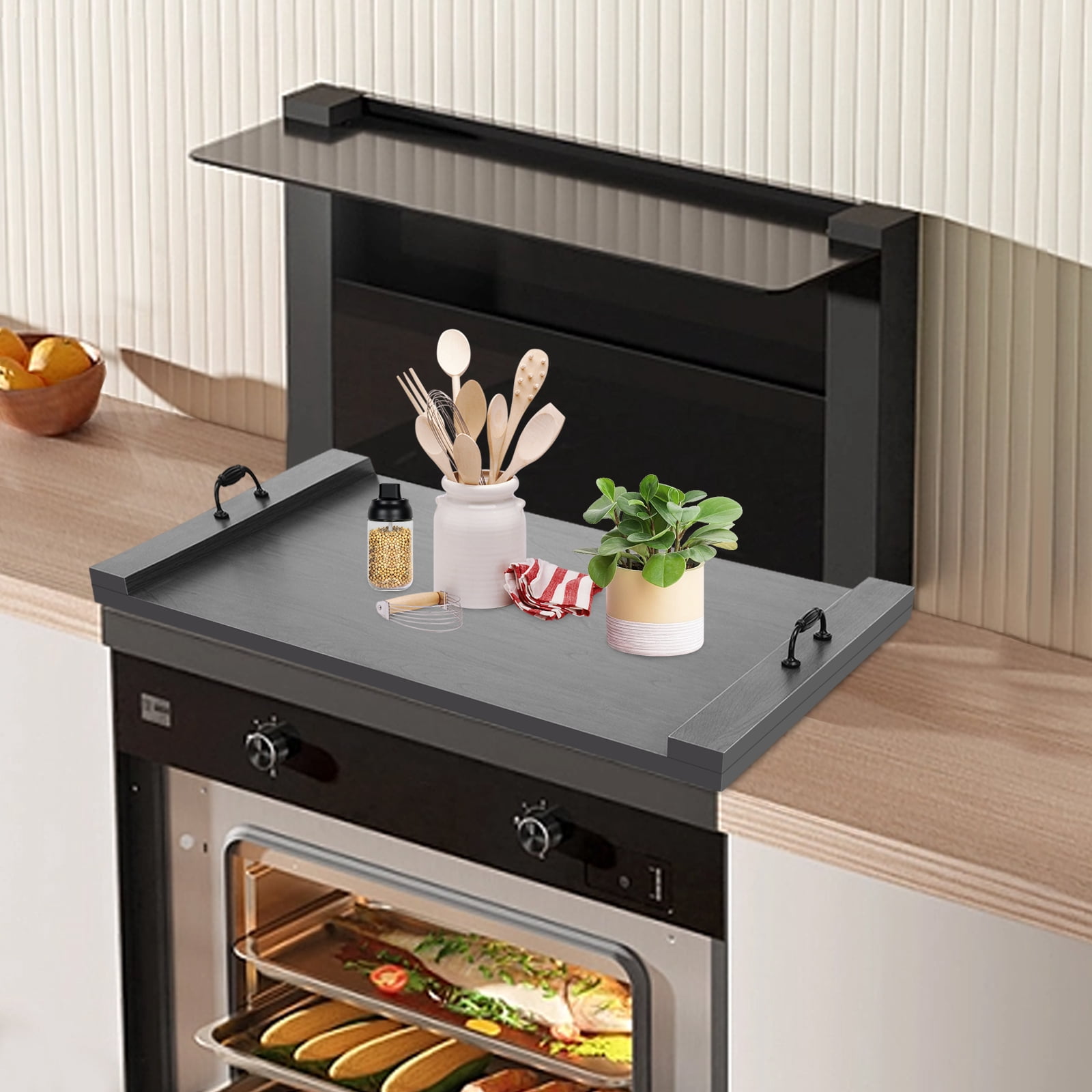 Counter Space Top Cover Black Solid Wood Decorative Tray Stove Top Cover Multifunctional Noodle Board Stove Cover with Handles 30*22*2.5in Cooktop Cover for Electric Stove Gas Stove