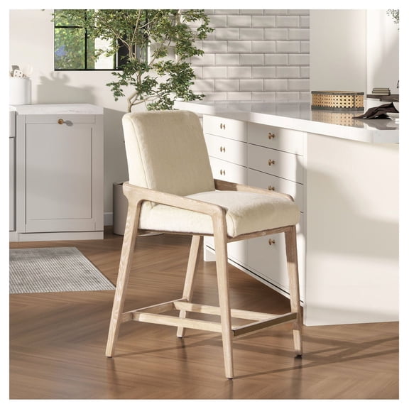 Counter Stool 25.5", White Faux Fur Upholstered, Solid Wood Frame with Rope Detail, Coastal Farmhouse Style, Kitchen Island & Bar Seating