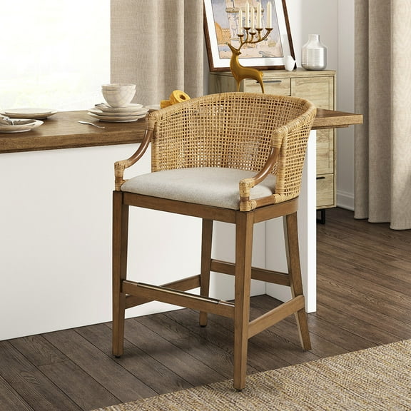 Counter Stool 25" H Handcrafted - Natural Pattern, Linen Upholstered Resting, Strong Solid Wood Legs, Antique Bronze Feature Handmade Style, Padded Seat, Stable Accent