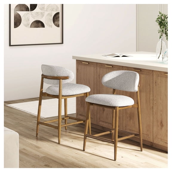 Counter Stool 26.5", Boucle Upholstered Bar Stools Wood Frame Modern Kitchen Island Chairs Salt & Pepper Finish, Fully Assembled, Set of 2