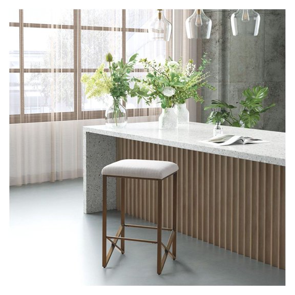 Counter Stool Backless Upholstered 26 Inch Height - Kitchen Island Stools, Bar Stools for Home, Modern Bronze Metal Base, Padded Seat