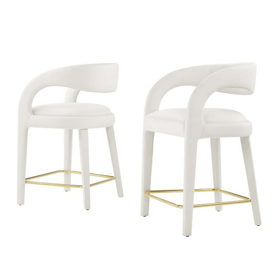 Counter Stool Chair, Ivory White Gold, Velvet, Bar Pub Cafe Bistro Dining Kitchen Hospitality Restaurant, Modern Contemporary Boutique HB35926