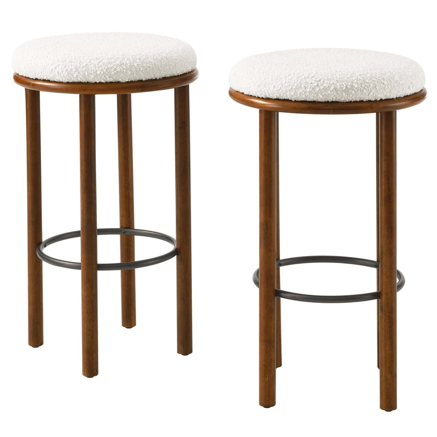 Walnut Ivory Backless Boucle Counter Stools with Wood Legs