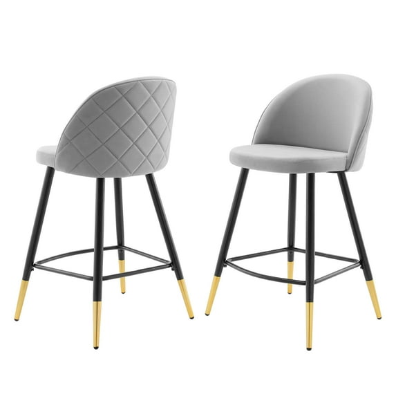 Counter Stool Chair, Set of 2, Velvet, Metal Steel, Light Grey Gray, Modern Contemporary Urban Design, Bar Pub Cafe Bistro Hotel Restaurant Hospitality