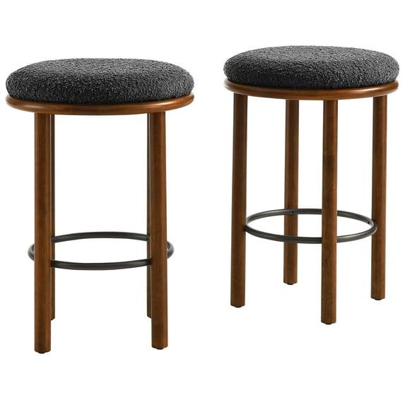 Counter Stool Chair, Set of 2, Walnut Charcoal Gray, Fabric, Wood, Bar Pub Cafe Bistro Dining Kitchen Hospitality Restaurant, Modern Contemporary HB36720