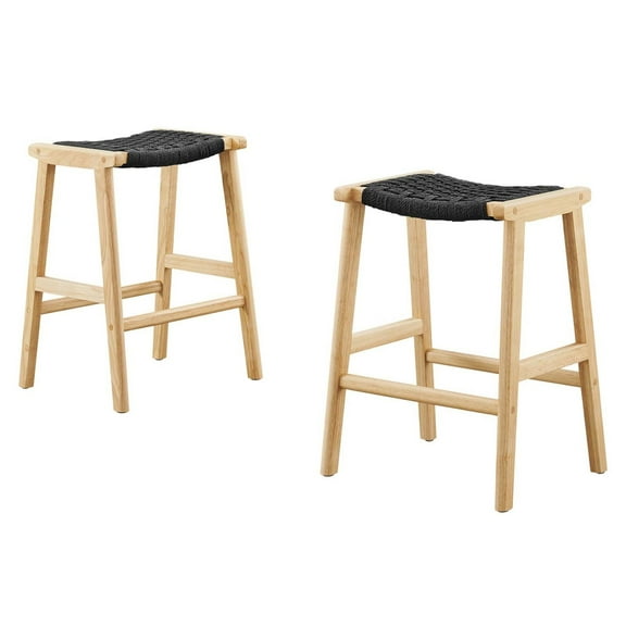 Counter Stool Chair, Set of 2, Black Natural, Wood, Bar Pub Cafe Bistro Dining Kitchen Hospitality Restaurant, Modern Contemporary HB36083