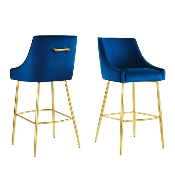 Counter Stool Chair, Set of 2, Blue Navy, Velvet, Modern Contemporary, Mid Century Bar Pub Cafe Bistro Hotel Lounge Dining Kitchen