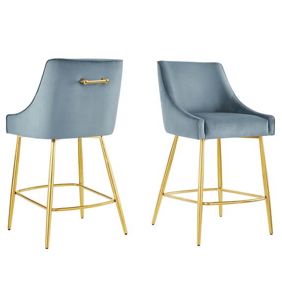 Counter Stool Chair, Set of 2, Blue, Velvet, Modern Contemporary, Mid Century Bar Pub Cafe Bistro Hotel Lounge Dining Kitchen