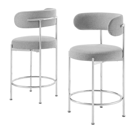Counter Stool Chair, Set of 2, Grey Gray, Fabric, Metal, Bar Pub Cafe Bistro Dining Kitchen Hospitality Restaurant, Modern Contemporary HB35916
