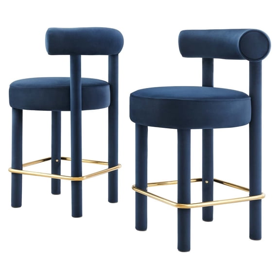 Counter Stool Chair, Set of 2, Midnight Blue, Velvet, Bar Pub Cafe Bistro Dining Kitchen Hospitality Restaurant, Modern Contemporary Boutique HB36132