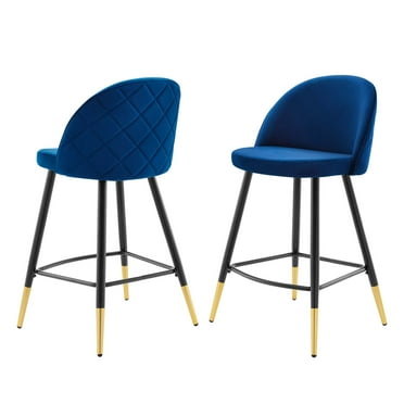 Counter Stool Chair, Set of 2, Velvet, Metal Steel, Blue Navy, Modern Contemporary Urban Design, Bar Pub Cafe Bistro Hotel Restaurant Hospitality