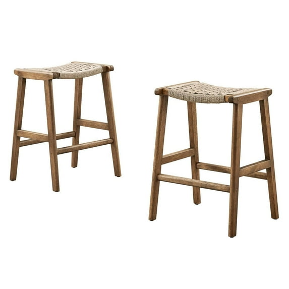 Counter Stool Chair, Set of 2, Walnut Natural, Wood, Bar Pub Cafe Bistro Dining Kitchen Hospitality Restaurant, Modern Contemporary HB36084