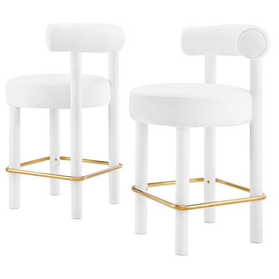 Counter Stool Chair, Set of 2, White, Velvet, Bar Pub Cafe Bistro Dining Kitchen Hospitality Restaurant, Modern Contemporary Boutique HB36130