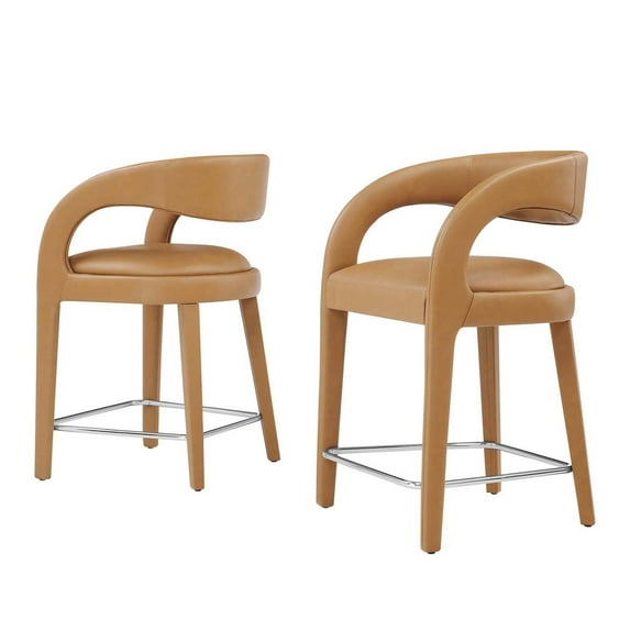 Counter Stool Chair, Tan Silver, Vegan Leather, Bar Pub Cafe Bistro Dining Kitchen Hospitality Restaurant, Modern Contemporary HB35923