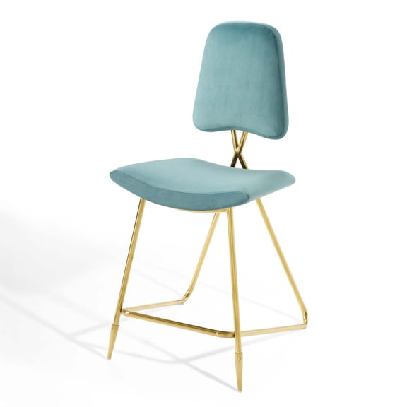 Counter Stool Chair, Velvet, Metal Steel, Blue, Modern Contemporary Urban Design, Bar Pub Cafe Bistro Hotel Restaurant Hospitality