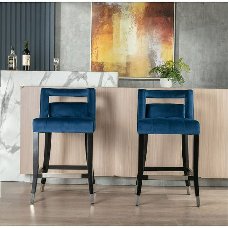 Counter Stool Chair Velvet Upholstered Nailhead Trim Bar Stools with Half Back Seat Design for Livingroom Kitchen Bar Navy Blue