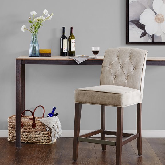 Counter Stool - Classy Tan Fabric, Wood, Button Back, Bronze Kick Plate, Assembly Required With Tools Fashionable Upholstery,