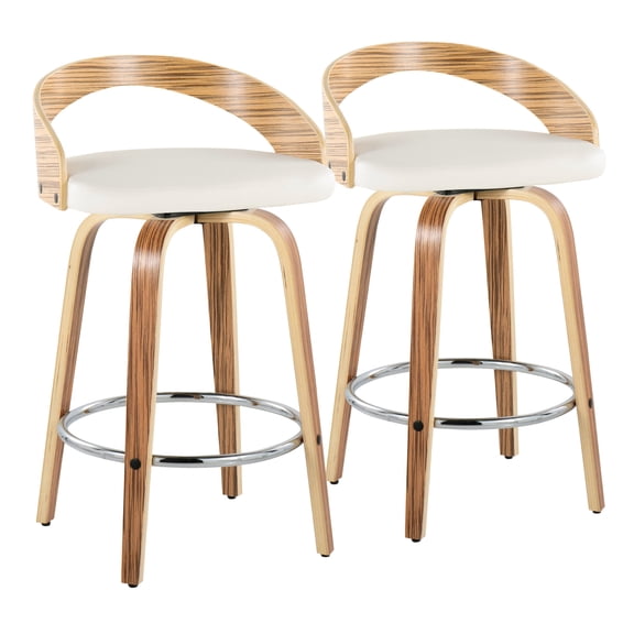 Counter Stool, Mid-Century Modern 26" Fixed Height Swivel Seat in White Faux Leather and Zebra Wood with Round Chrome Metal Footrest for Kitchen Island and Dining Room, Set of 2