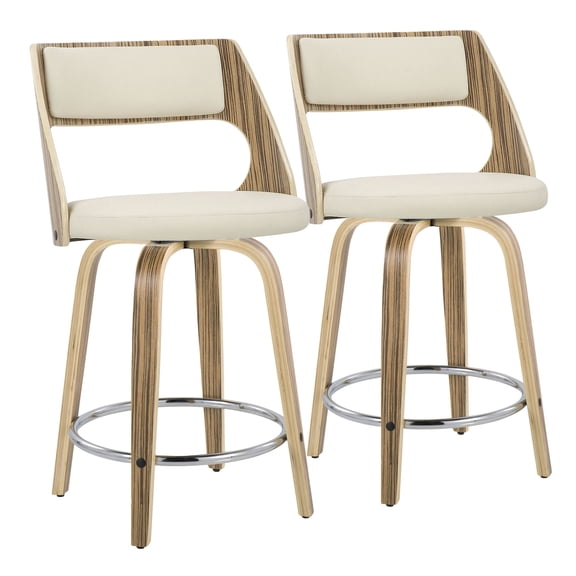 Counter Stool, Mid-Century Modern Fixed Height 24 Inch Swivel Seat in Zebra Wood and Cream Faux Leather with Round Chrome Footrest for Kitchen and Dining Room, Set of 2