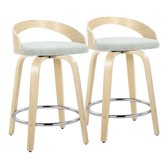 Counter Stool Set of 2, 24-Inch Fixed Height Swivel Seat in Light Green Fabric and Natural Wood, Contemporary Dining Chairs with Chrome Metal Footrest for Kitchen Island or Bar