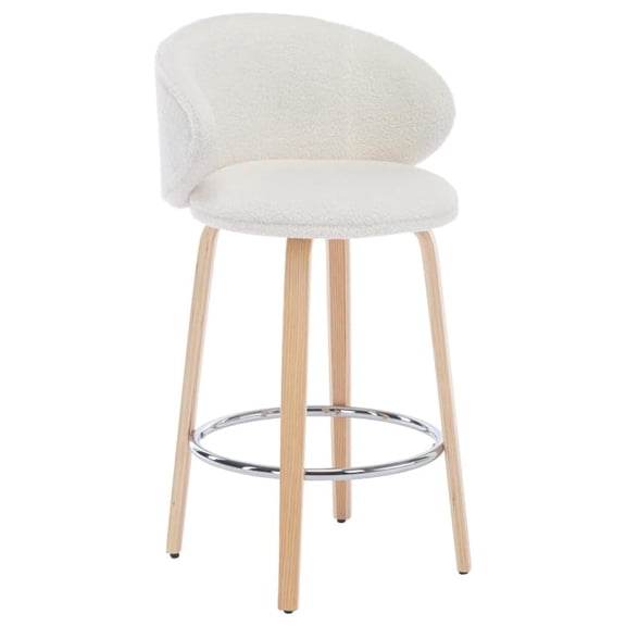 Counter Stool Set of 2, 26 Inch Boucle Bar Stools with Backrest, Modern Kitchen Island Stools with Wood Legs, Upholstered Dining Stools for Counter Height Table, White