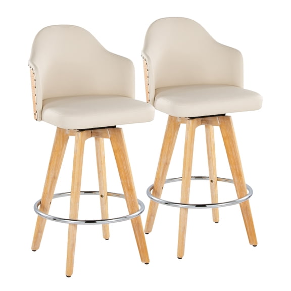 Counter Stool, Set of 2, 26-Inch Fixed Height with 360-Degree Swivel, Cream Faux Leather Upholstery and Natural Bamboo Legs with Chrome Metal Footrest for Kitchen and Dining Room