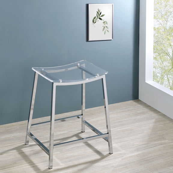Counter Stool Set of 2, Chrome Metal Frame with Clear Acrylic Seats, Backless Contemporary Bar Stools with Footrests, 24" H x 18" W x 16" D, for Kitchen Island and Dining Room