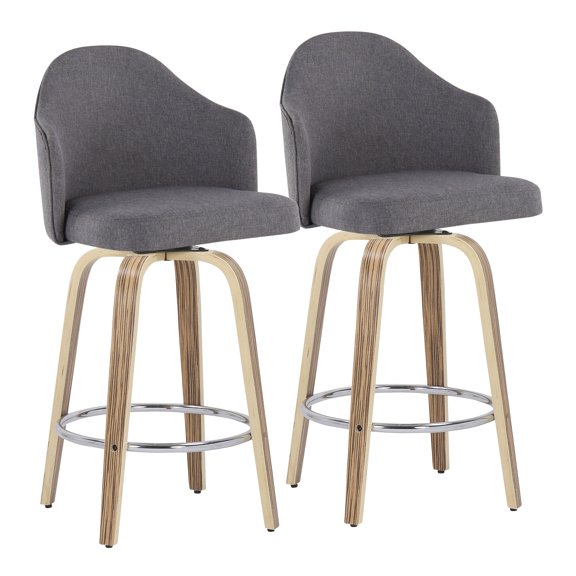 Counter Stool Set of 2, Mid-Century Modern Fixed Height Swivel Bar Stools with Grey Fabric Upholstery, Zebra Bent Wood Legs, Chrome Footrest for Kitchen Island and Dining Room