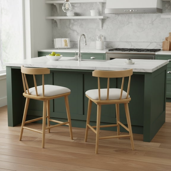 Counter Stool Set of 2, Rubber Wood Windsor Style Bar Stools with Beige Fabric Upholstered Seat and Open Back, Natural Finish for Kitchen Island and Dining Room, Foam Padded