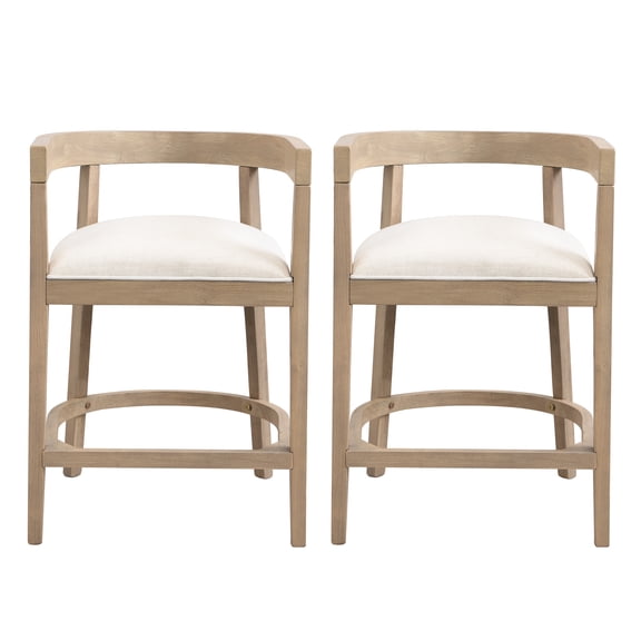 Counter Stool Set of 2, Rubberwood Wood Frame with Beige Fabric U-Shaped Padded Seats, Modern Cutout Barrel Back and Arms, Contemporary Dining Seating for Kitchen Island and Bar