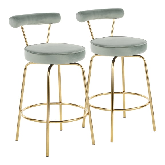 Counter Stool, Set of 2, Sage Green Velvet Upholstery with Gold Metal Frame, 360 Degree Swivel Seat, Art Deco Glam Styling for Kitchen Island, Dining Area, and Home Bar, Indoor Use