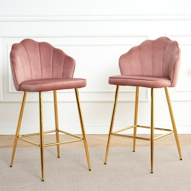 Counter Stool Set of 2, Shell Shape Velvet Bar Stools with Gold Metal Legs, Kitchen Island Chairs  with Back and Footrest, Modern Bar Chair for Coffee Shop, Bar, Restaurant(Pink)