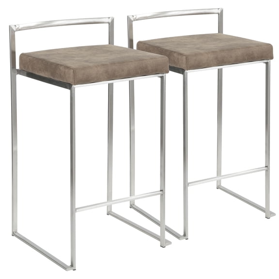 Counter Stool Set of 2, Stackable Stainless Steel Frame with Brown Cowboy Fabric Upholstered Padded Seat, Contemporary Fixed Height Dining Chairs for Kitchen and Indoor Use
