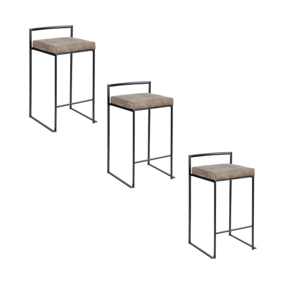 Counter Stool Set of 3, 26 Inch Contemporary Stackable Bar Stools with Brown Cowboy Fabric Padded Seats and Black Metal Frames for Kitchen Island and Dining Room, 250 lbs Capacity