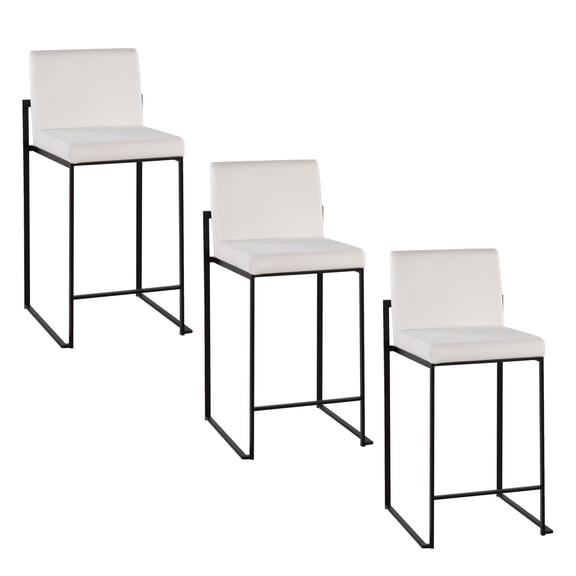 Counter Stool, Set of 3, High Back Upholstered Dining Chairs with White Velvet Seat and Black Steel Frame, 26 Inch Fixed Height Padded Seating for Kitchen Island and Dining Room