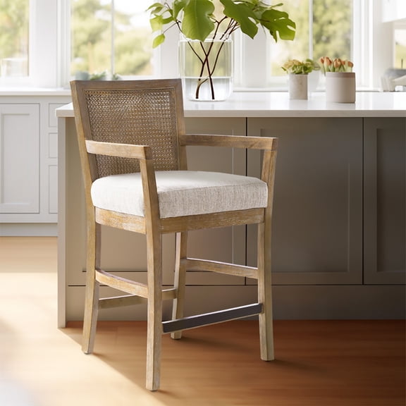 Counter Stool, Solid Wood Frame with Natural Cane Back and Open Arms, Upholstered Polyester Seat, Reclaimed Natural and Cream Finish, Bronze Metal Footrest, 23"W x 22.25"D x 38"H