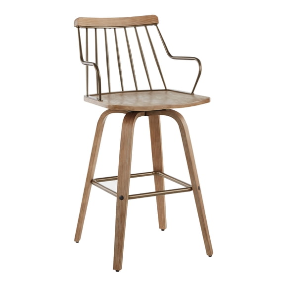 Counter Stool, White Washed Wood and Antique Copper Metal Swivel Seat with Spindle Backrest, Fixed Counter Height Dining Chair for Kitchen, Bar or Break Room, 250 lbs Weight Limit