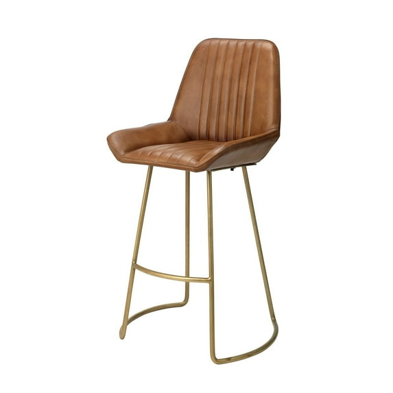 Counter Stool with Leatherette and Metal Sled Base, Brown and Brass- Saltoro Sherpi