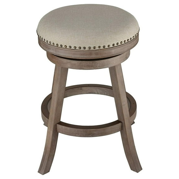Counter Stools Backless Swivel - Sadie 25" Solid Wood & Beige Linen - French Country Kitchen Bar Stool - 360 Swivel, Metal Kick Plate, Brass Nailhead Trim - No Assembly
