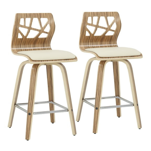 Counter Stools, Set of 2 Mid-Century Modern Padded Faux Leather Seats with Zebra Wood Curved Frame and Lattice Backrest, Fixed Counter Height with Built-in Footrest, Cream and Brown