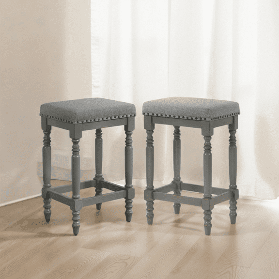 Counter Stools, Set of 2 Solid Rubberwood Farmhouse Barstools with Padded Gray Velvet Seats, Nailhead Trim, Turned Legs, 26-Inch Height, Distressed Cool Gray Finish for Kitchen Island