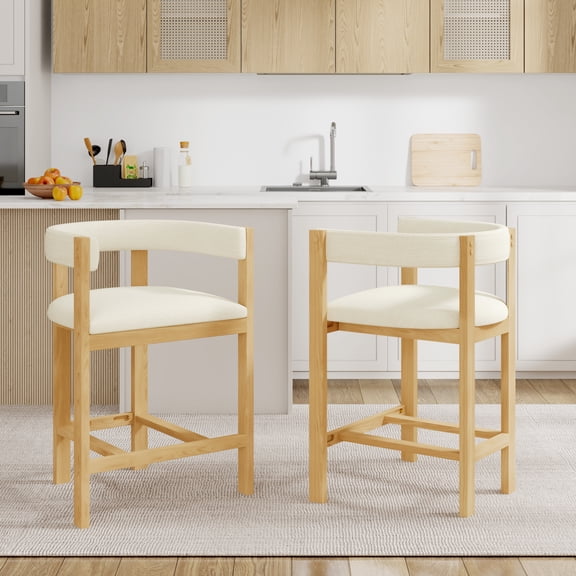 Counter Stools Set of 2, Solid Rubberwood Frame with Beige Polyester Blend U-Shaped Padded Seats, Curved Cutout Barrel Back and Arms, Natural Finish for Dining Room, 250lbs Capacity