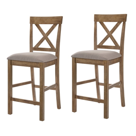 Counter Stools Set | Used in Kitchen and Bar | Tan Linen and Wood | Cross Back for Robust Support